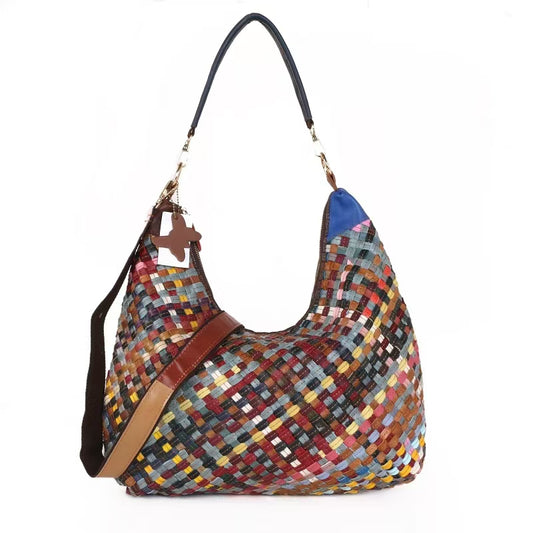 Genuine leather women's bag first layer cowhide stitching print retro texture shoulder bag casual diagonal women's bag-hdx3903