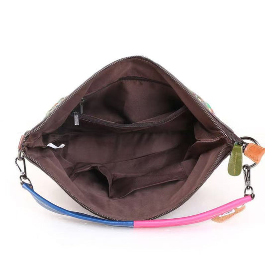 Genuine leather women's bag first layer cowhide stitching print retro texture shoulder bag casual diagonal women's bag-hdx2990