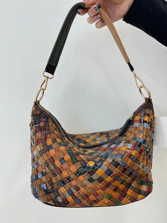Genuine leather women's bag first layer cowhide stitching print retro texture shoulder bag casual diagonal women's bag-hdx2990