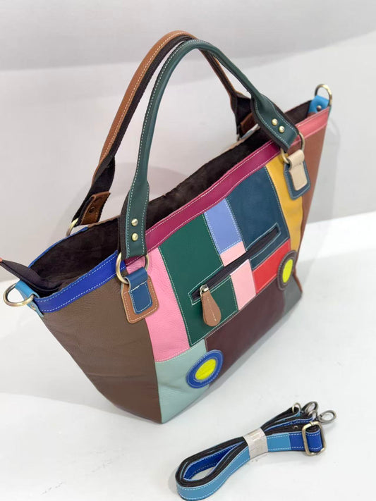 Genuine leather women's bag first layer cowhide stitching print retro texture shoulder bag casual diagonal women's bag-hdx947-1