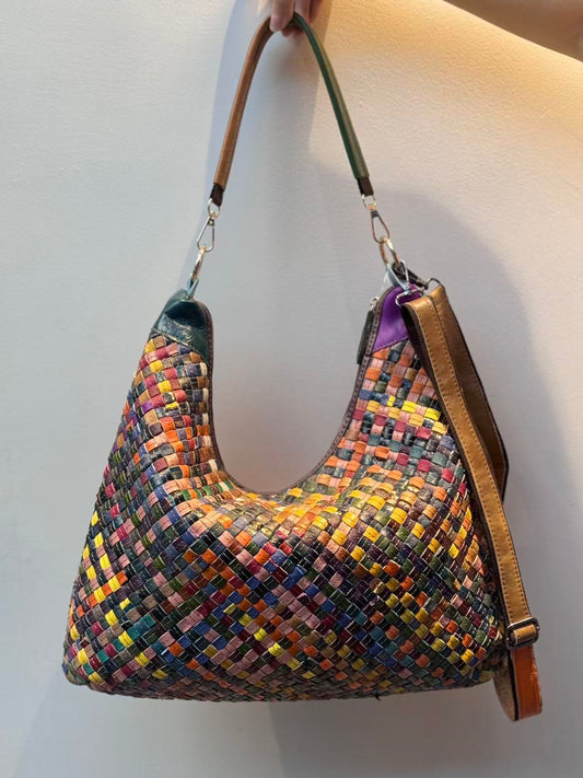 Genuine leather women's bag first layer cowhide stitching print retro texture shoulder bag casual diagonal women's bag-hdx3903