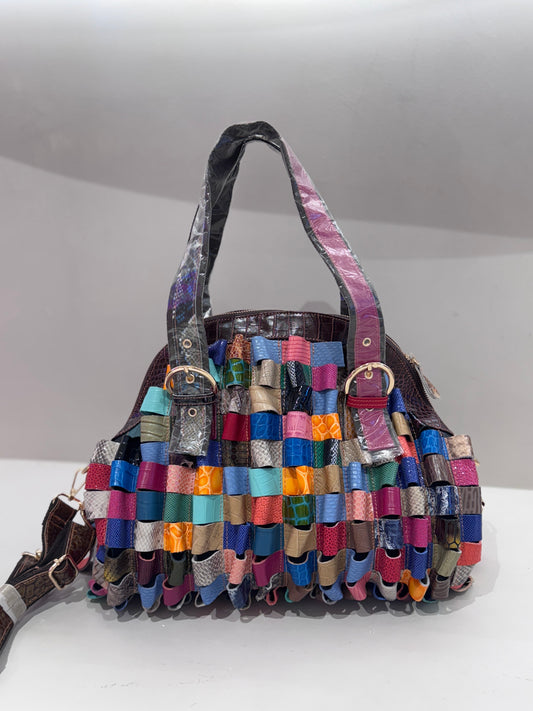 Genuine leather women's bag first layer cowhide stitching print retro texture shoulder bag casual diagonal women's bag-hdxk050