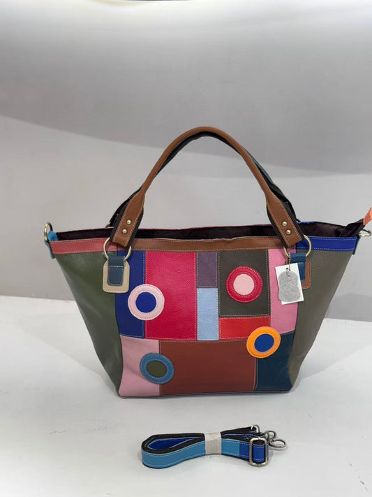 Genuine leather women's bag first layer cowhide stitching print retro texture shoulder bag casual diagonal women's bag-hdx947-1