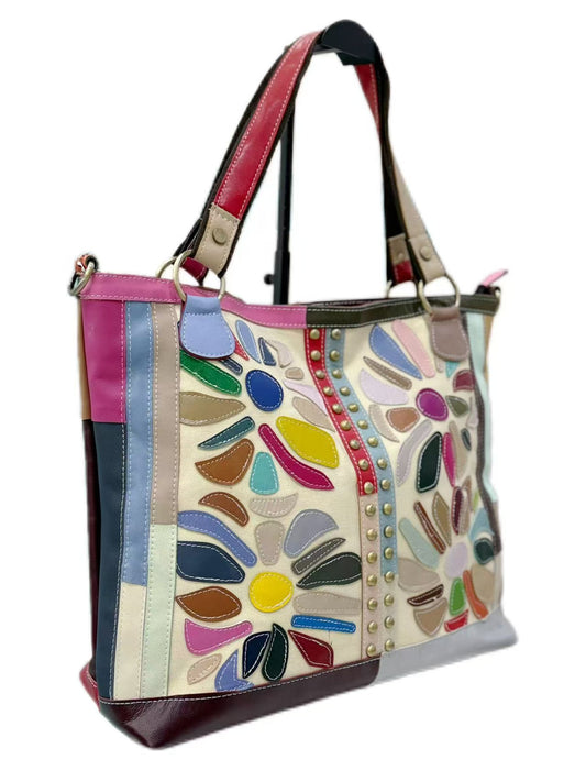 Genuine leather women's bag first layer cowhide stitching print retro texture shoulder bag casual diagonal women's bag-hdx7505