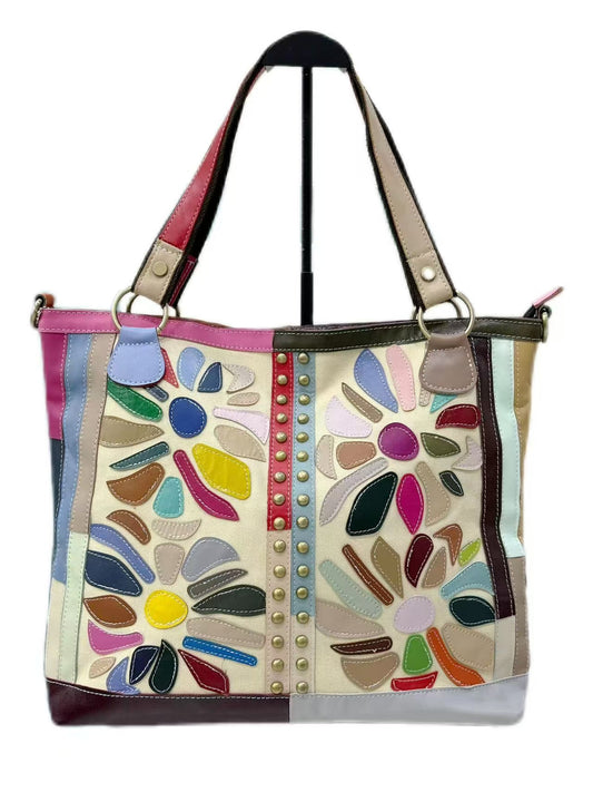 Genuine leather women's bag first layer cowhide stitching print retro texture shoulder bag casual diagonal women's bag-hdx7505
