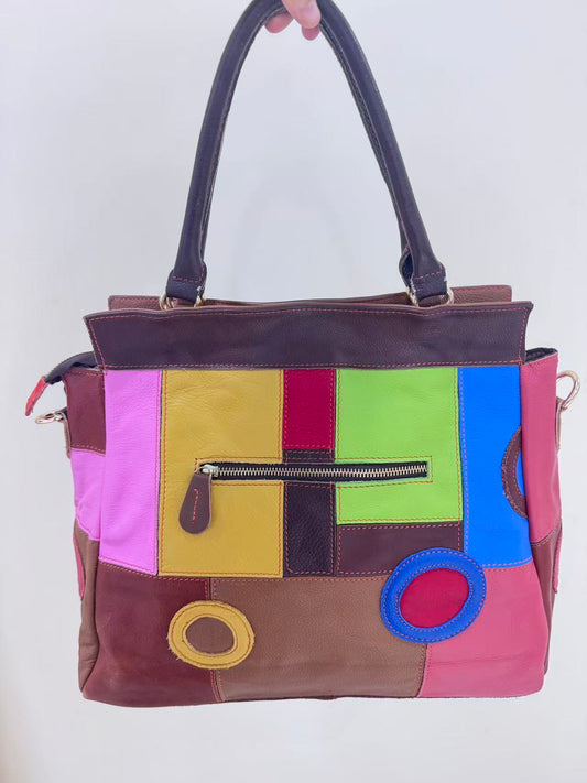 Genuine leather women's bag first layer cowhide stitching print retro texture shoulder bag casual diagonal women's bag-hdx3012