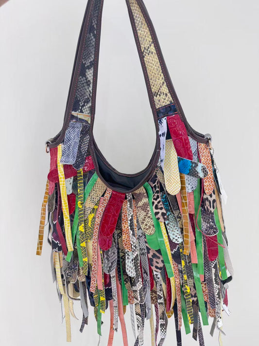Genuine leather women's bag first layer cowhide stitching print retro texture shoulder bag casual diagonal women's bag-hdxk039-7